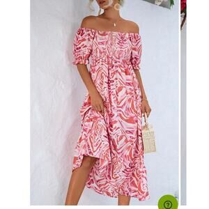 New! Beachsissi Pink Smocked Print Off The Shoulder Midi Dress Womens Size Small